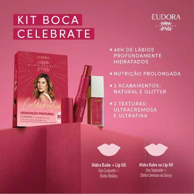Kit Hidratação Labial Niina Secrets Celebration Hidra Balm 3,2g E Lip Oil Shine Flowers 7ml