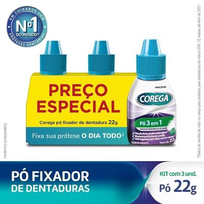 Kit Corega Pó 3 Em 1 Sabor Menta, Fixador De Dentadura Com Forte Fixação 22g