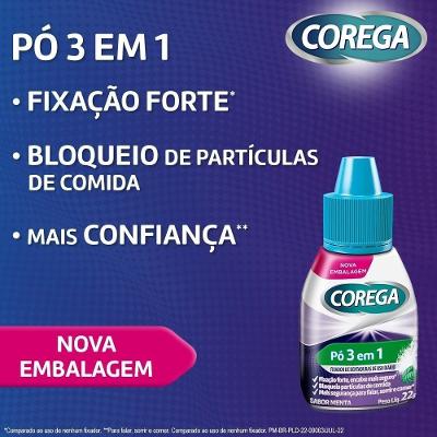 Kit Corega Pó 3 Em 1 Sabor Menta, Fixador De Dentadura Com Forte Fixação 22g