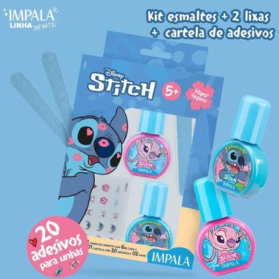 Kit Impala Infantil Stitch 2 Esmaltes 6ml + 2 Lixas + 20 Adesivos De Unha