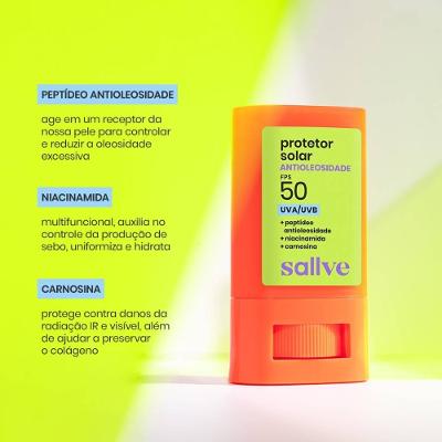 Protetor Solar Facial Sallve Bastão Antioleosidade Fps50 15g