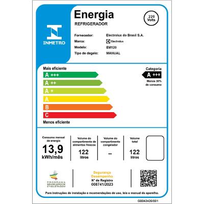 Frigobar Electrolux 122L Efficient com Controle de Temperatura Cor Branca (EM120)