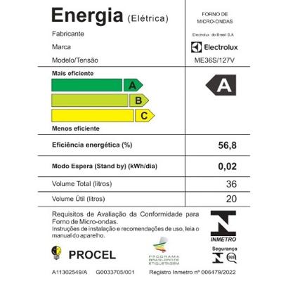Micro-ondas Electrolux 36L cor Inox Efficient com Descongelamento Assistido (ME36S)
