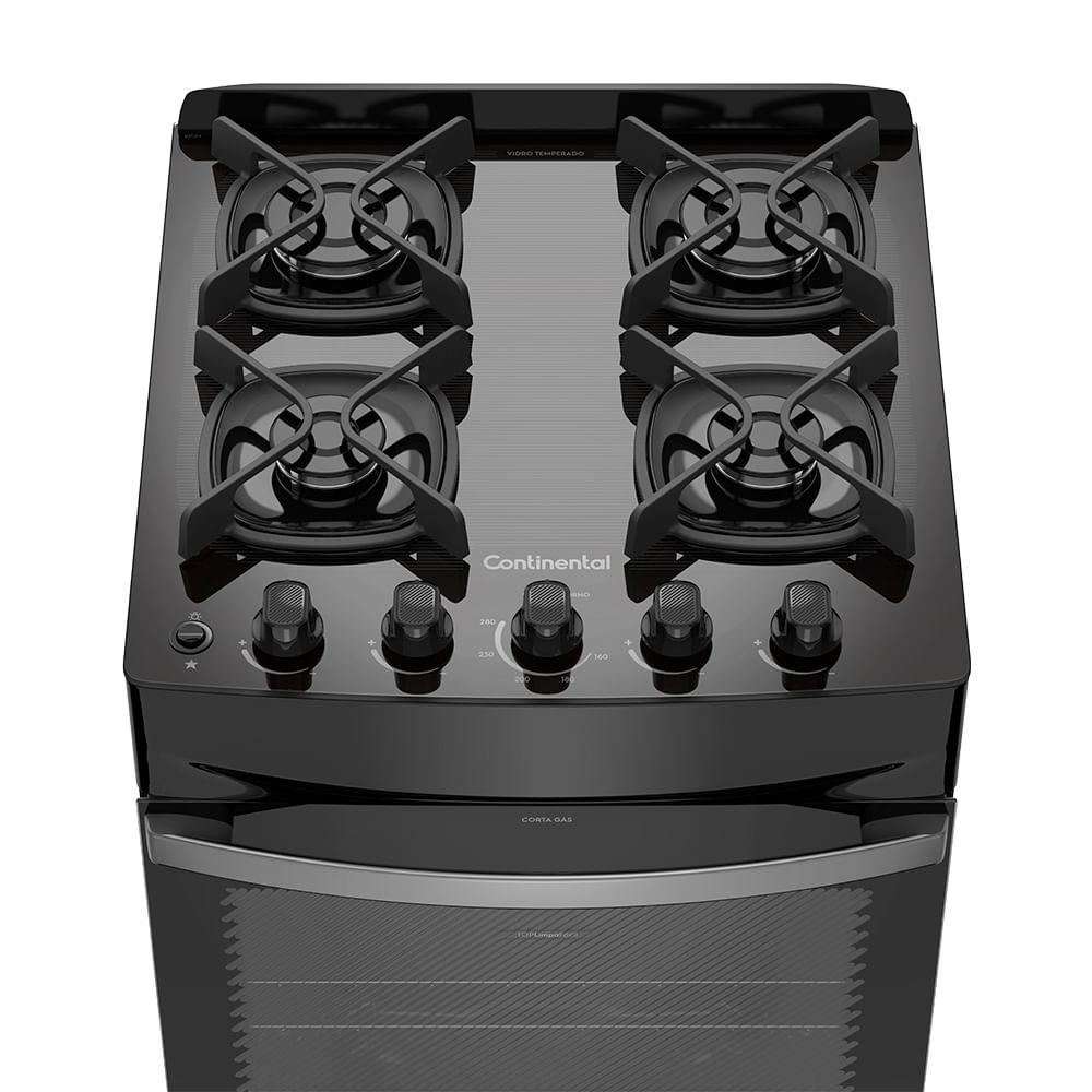 Fogão 4 Bocas Continental Preto Mesa de Vidro, Forno Eco Turbo e Grades Ferro Fundido (FC4GB) - 6