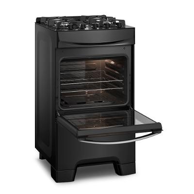 Fogão 4 Bocas Continental Preto Mesa de Vidro, Forno Eco Turbo e Grades Ferro Fundido (FC4GB)