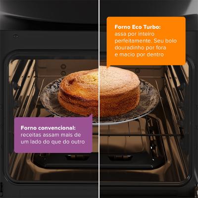 Fogão 4 Bocas Continental Preto Mesa de Vidro, Forno Eco Turbo e Grades Ferro Fundido (FC4GB)