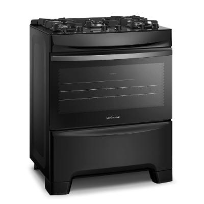 Fogão 5 Bocas Continental Preto Mesa de Vidro, Forno Eco Turbo e Tripla Chama (FC5GB)