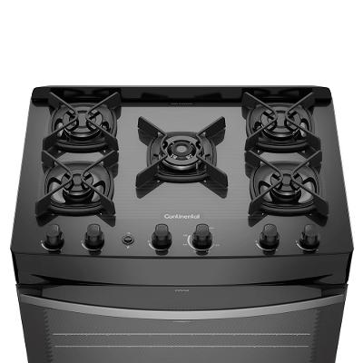 Fogão 5 Bocas Continental Preto Mesa de Vidro, Forno Eco Turbo e Tripla Chama (FC5GB)