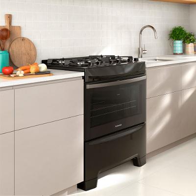 Fogão 5 Bocas Continental Preto Mesa de Vidro, Forno Eco Turbo e Tripla Chama (FC5GB)