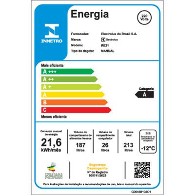 Geladeira Electrolux 213L Uma Porta com Freezer Duas Estrelas Cor Branca (RE21)