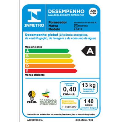 Máquina de Lavar Electrolux 13kg Branca Efficient Duplo Dispenser, Cesto Inox e Máxima Diluição (LDA13)