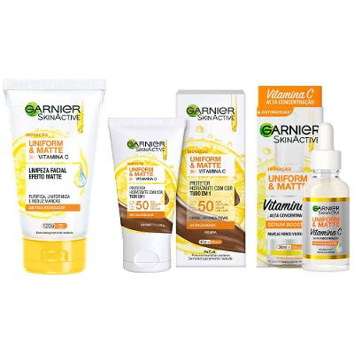 Garnier Skin Uniform & Matte Vitamina C Kit – Sérum Facial + Gel de Limpeza + Protetor Solar FPS50 cor Negra