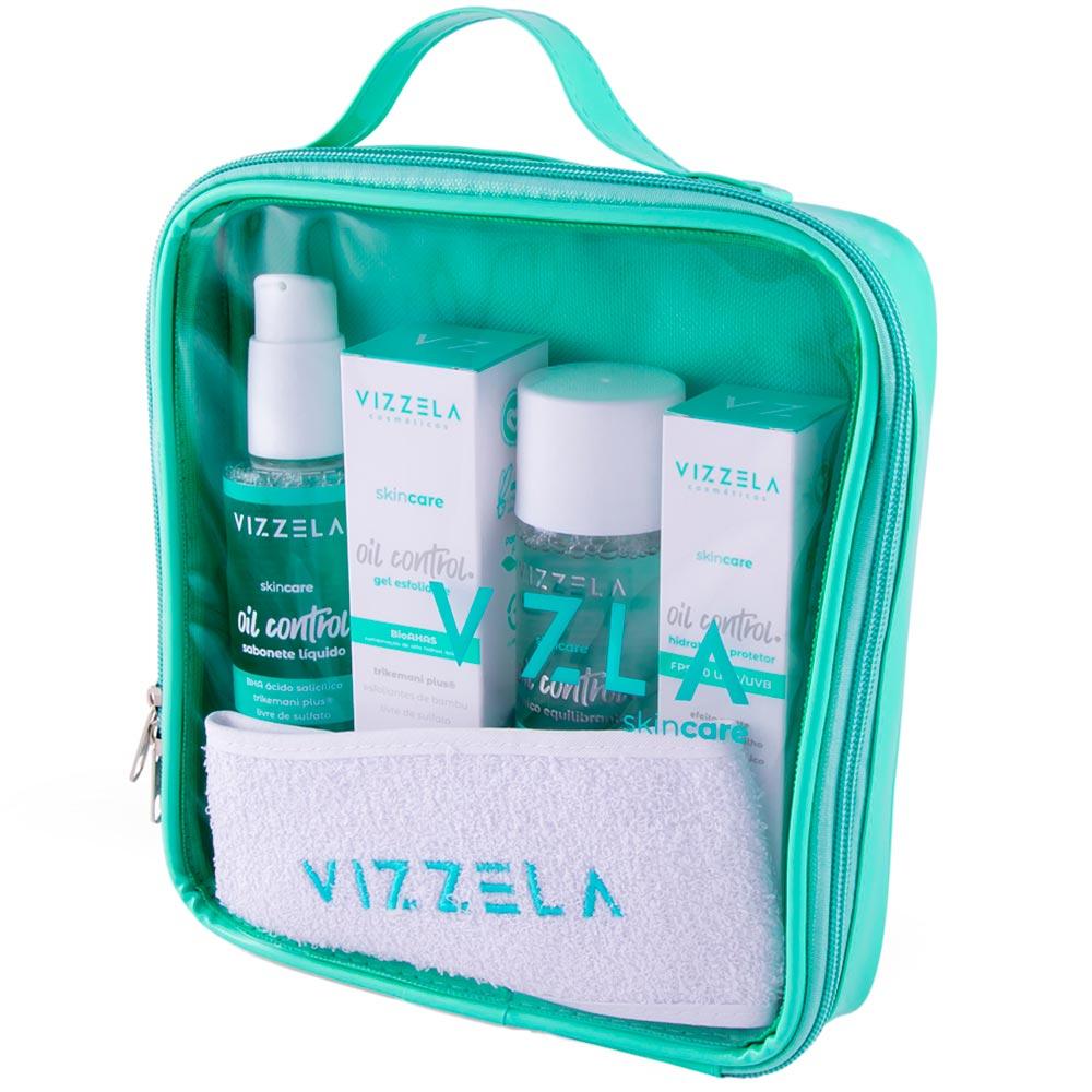 Vizzela Oil Control Kit – Sabonete Líquido + Tônico + Esfoliante + Hidratante + Faixa + Nécessaire - 1
