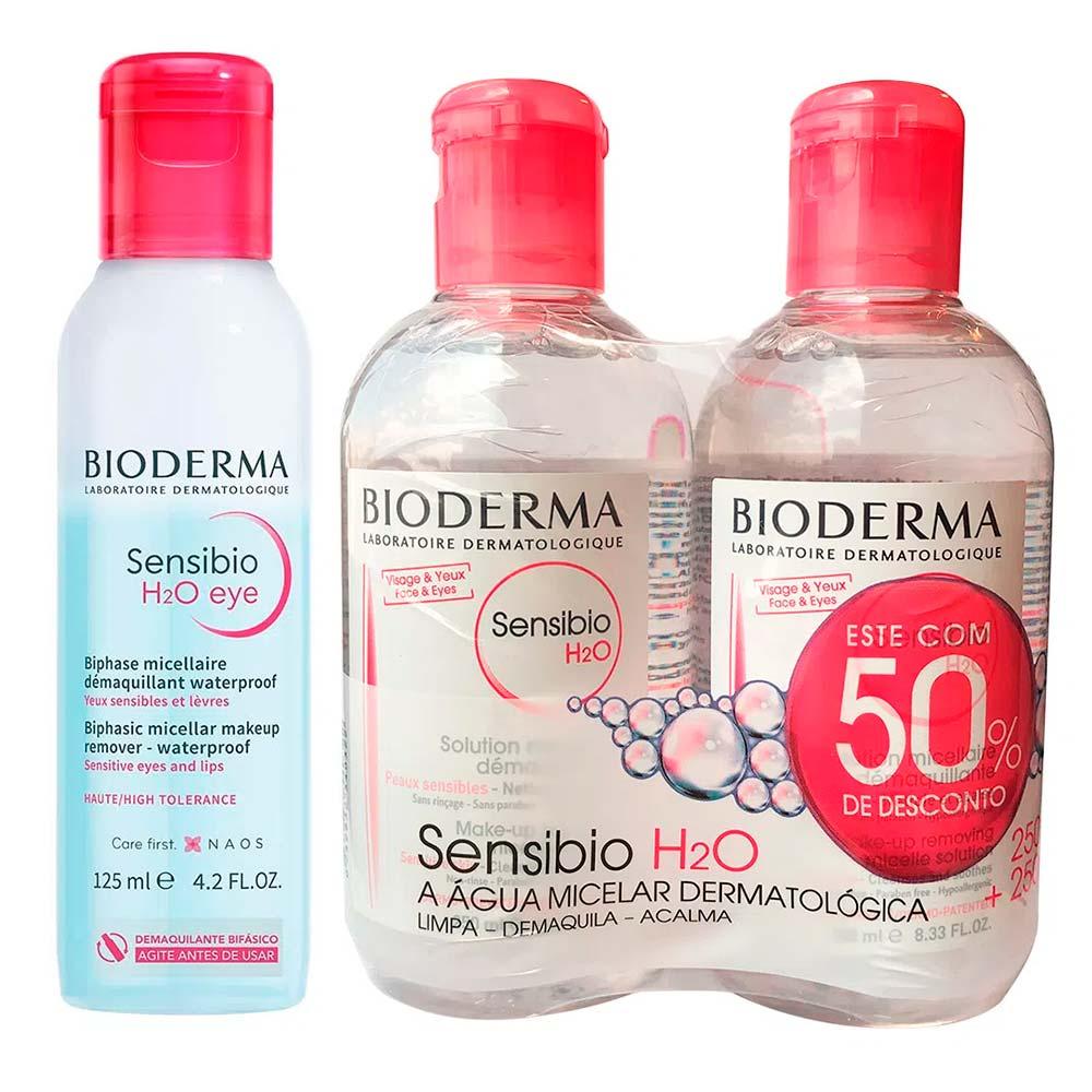 Bioderma Kit – Água Micelar Calmante Embalagem com Duas de 250ml + Água Micelar Bifásica para Olhos e Lábios 125ml - 1
