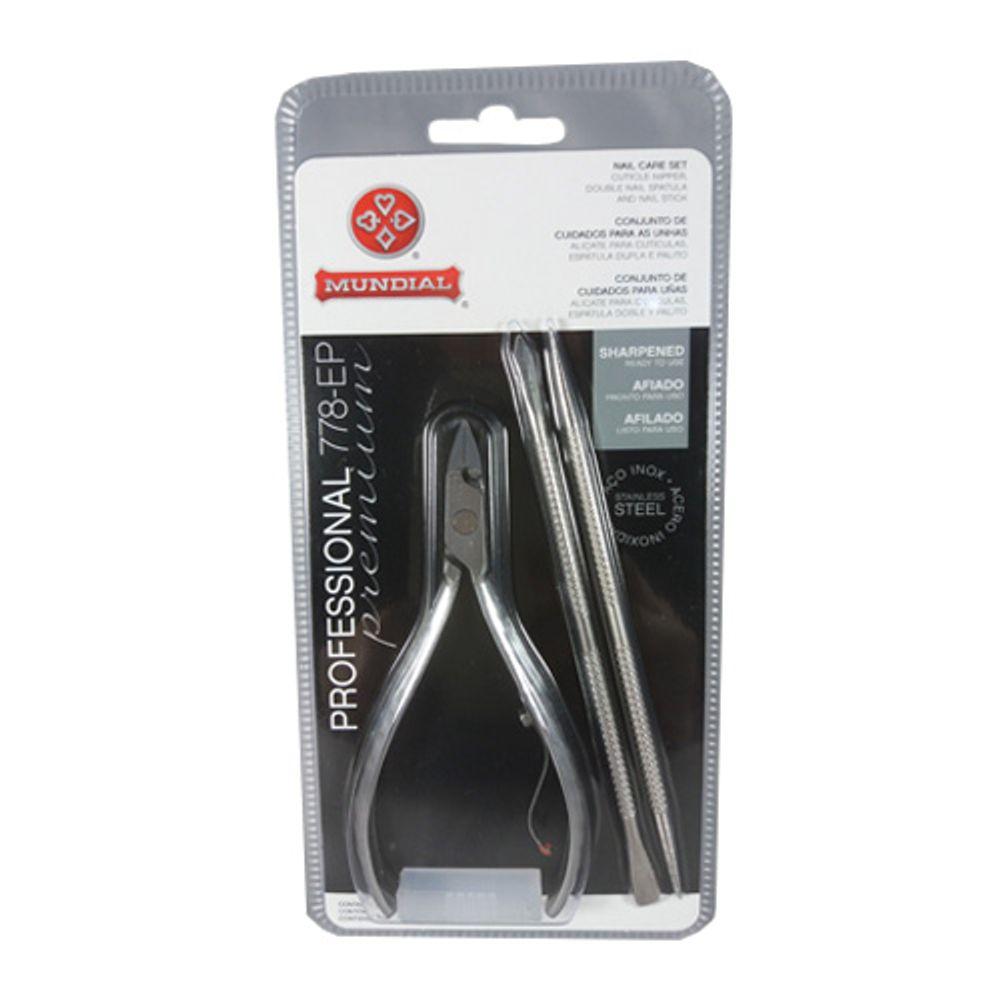 Alicate Inox para Cuticula 778-Ep + Espátula Dupla 371C + Palito 375-C Mundial - Kit - 2