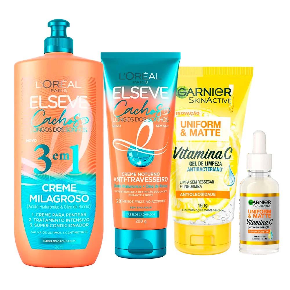 Garnier + Elseve Cachos Kit - Gel de Limpeza Facial + Sérum Facial + Creme Noturno + Creme Milagroso 3 em 1 - 1