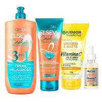 Garnier + Elseve Cachos Kit - Gel de Limpeza Facial + Sérum Facial + Creme Noturno + Creme Milagroso 3 em 1 - 1