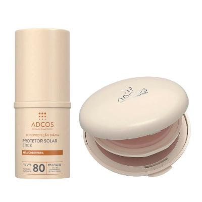 Adcos Kit - Protetor Solar em Pó com Cor FPS50 + Protetor Solar Stick com Cor  FPS80 para Todos os Tipos de Pele