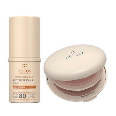 Adcos Kit - Protetor Solar em Pó com Cor FPS50 + Protetor Solar Stick com Cor  FPS80 para Todos os Tipos de Pele