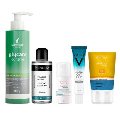 Kit de Cuidados Faciais - Sérum + Protetor Solar Facial + Gel de Limpeza + Tônico + Creme