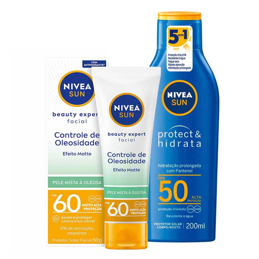 NIVEA Kit – Protetor Solar Sun Protect & Hidrata FPS50 200ml + Protetor Solar Facial Sun Beauty Expert Pele Oleosa FPS50 50g - 1