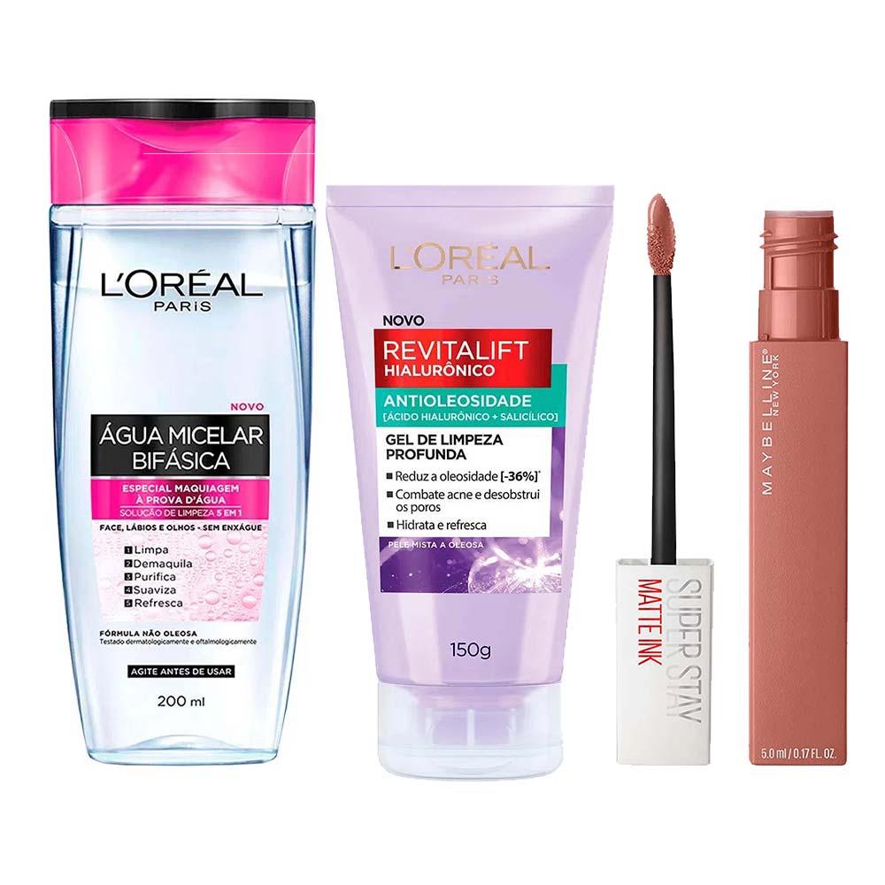 L’Oréal Paris + Maybelline Kit - Água Micelar Bifásica + Gel de Limpeza Antioleosidade + Batom Líquido Longa Duração Seductress - 1