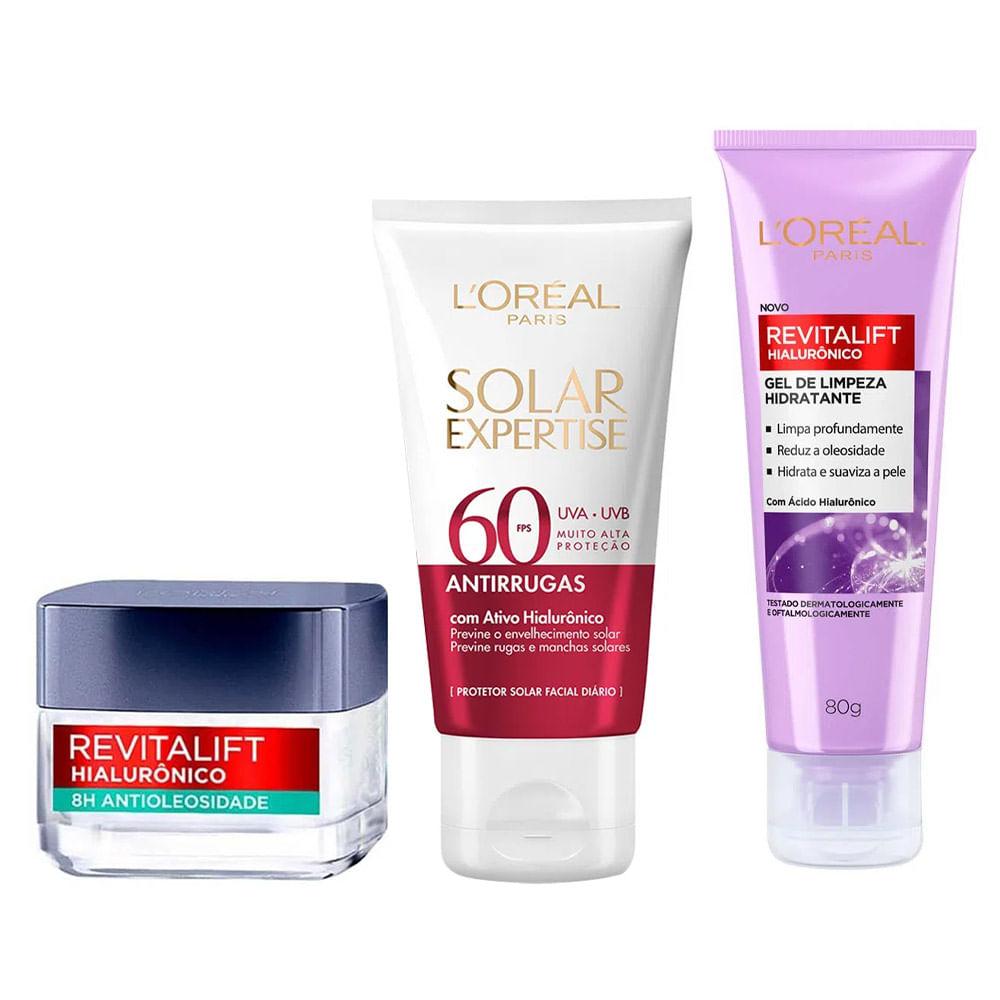 L’Oréal Paris Kit – Protetor Solar Facial Antienvelhecimento FPS60 40g + Gel Creme Facial Antioleosidade 50ml + Gel de Limpeza Facial Anti-Idade 80g - 1
