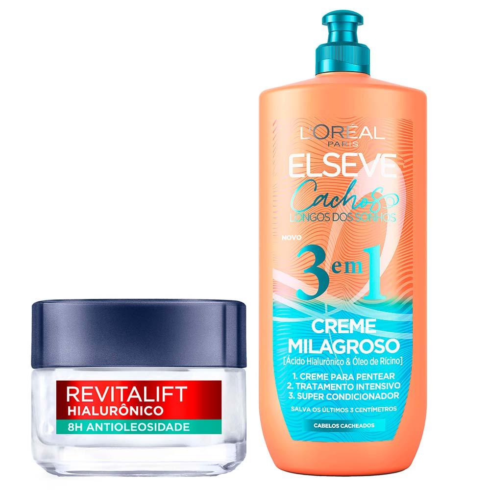 L’Oréal Paris Kit – Gel Creme Facial Antioleosidade Revitalift Hialurônico + Creme Milagroso 3 em 1 Elseve Cacho dos Sonhos - 1