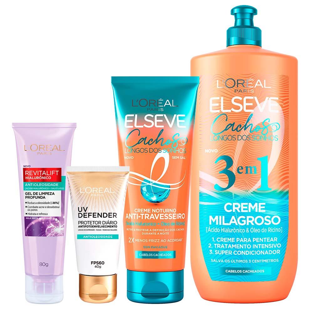 L’Oréal Paris Antioleosidade + Cachos Kit – Gel de Limpeza Facial + Protetor Solar Facial FPS60 + Creme Noturno + Creme 3 em 1 - 1