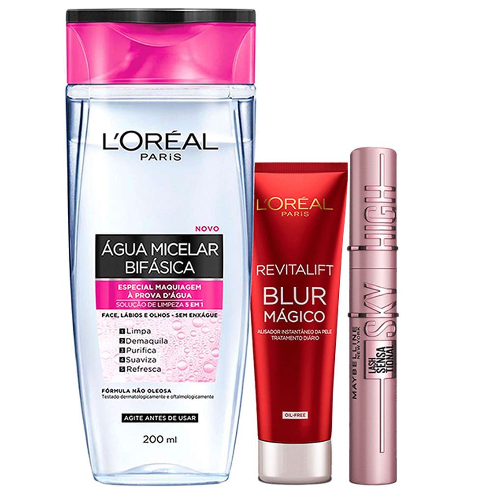 L’Oréal Paris + Maybelline Kit - Água Micelar Bifásica 5 em 1 200ml + Primer Blur Mágico 27g + Máscara de Cílios Lash Sensational Sky High - 1