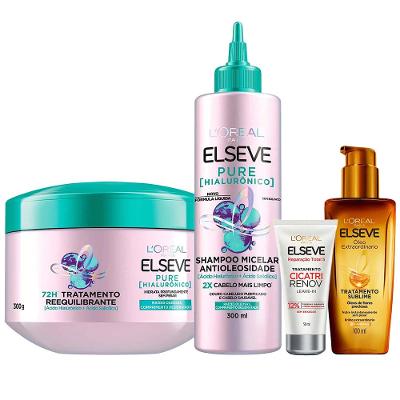 Elseve Pure Hialurônico Kit – Shampoo + Creme de Tratamento + Óleo Extraordinário + Leave In Cicatri Renov