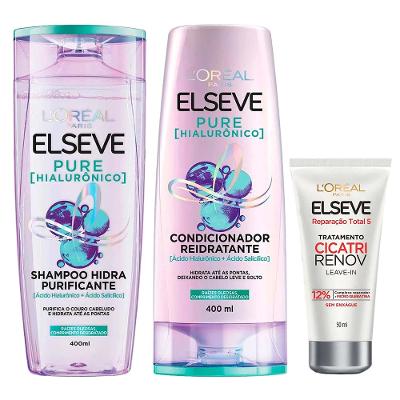 Elseve Pure Hialurônico Kit – Shampoo + Condicionador + Leave In Tratamento Cicatri Renov