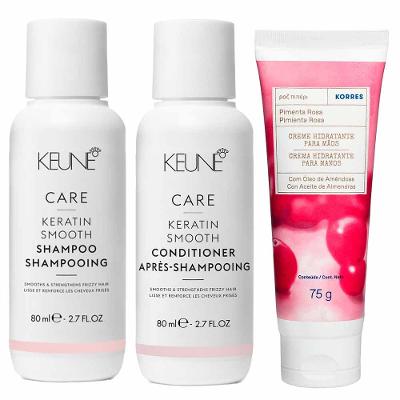 Keune & Korres Kit – Shampoo + Condicionador + Creme Hidratante para Mãos Pimenta Rosa