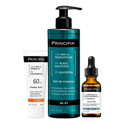 Principia Kit - Protetor Solar Facial PS-01 FPS60 + Sérum Ácido Hialuronico e Vitamina B5 AH-2 + Gel de Limpeza Facial GL-01
