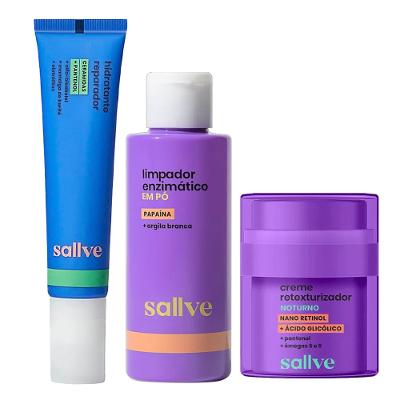 Sallve Kit - Creme Facial Retexturizador Noturno + Limpador Enzimático em Pó + Hidratante Reparador