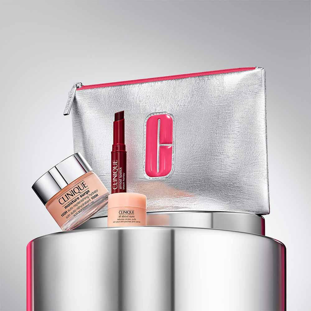 Clinique Essenciais Skincare & Maquiagem Kit - Hidratante Facil + Batom + Gel-Creme para Olhos - 8