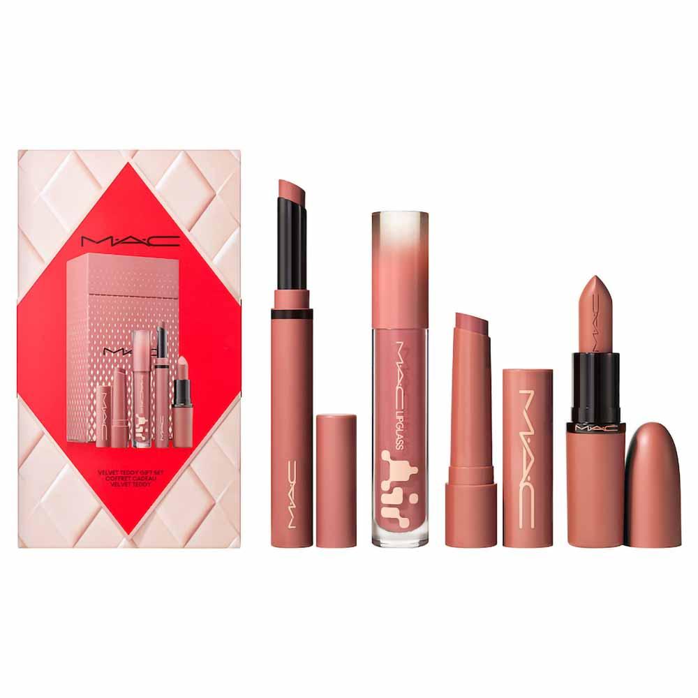 MAC Lip Holiday Kit - Batom M·A·CXIMAL + Batom Powder Kiss + Lipglass Air Non-Sticky + Gloss Plumping - 3
