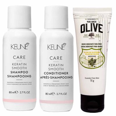 Keune & Korres Kit – Shampoo + Condicionador + Creme Hidratante para Mãos Flor de Oliveira