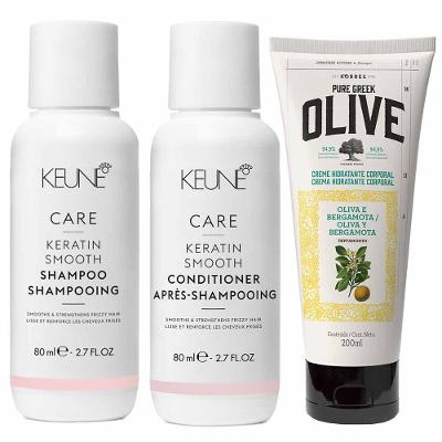 Keune & Korres Kit – Shampoo + Condicionador + Creme Hidratante Corporal Óleo de Oliva e Bergamota