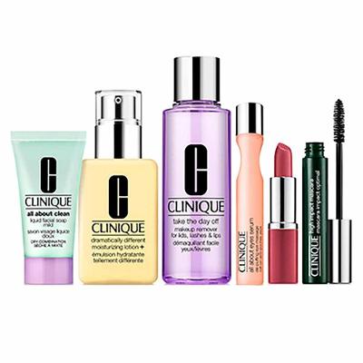 Kit Clinique - Sabonete Líquido + Hidratante + Demaquilante + Máscara de Cílios + Sérum + Batom
