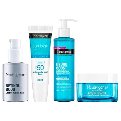 Kit Rotina Facial Antissinais Neutrogena Hydro Boost e Retinol Boost - Limpeza + Creme Antissinais + Water Gel + Protetor Solar FPS 50