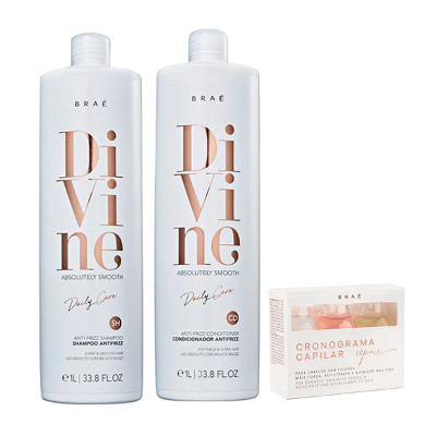 BRAE Divine Anti-Frizz - Shampoo+Condicionador 1L+Cronograma Capilrar Repair Kit 3 Ampolas