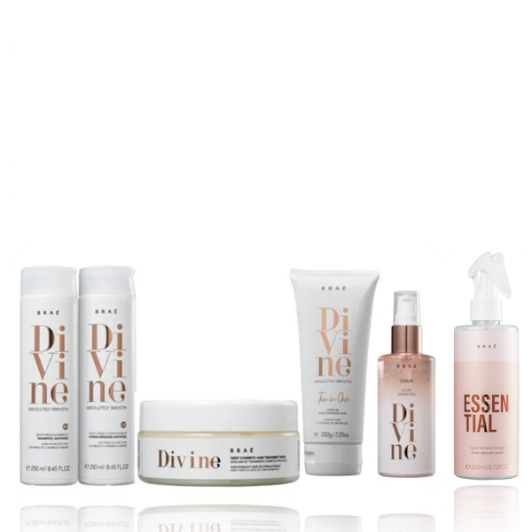 Kit Brae Divine Shampoo e Condicionador 250ml + Máscara + Leave-in 200ml + Serum Plume 60ml+Essential 260ml - 1