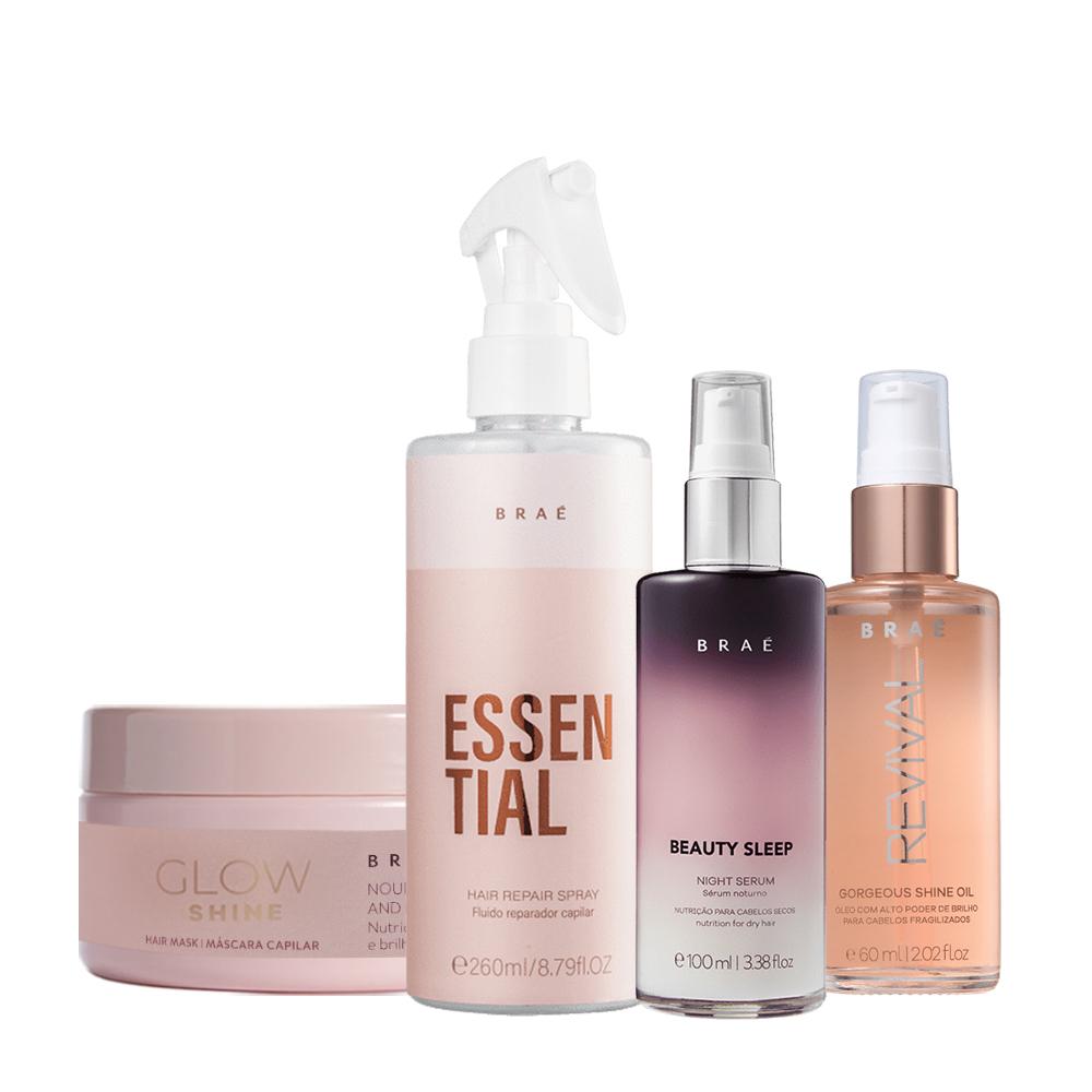 Kit Braé Gorgeous e Braé Essential Fluído Reparador Glow Shine Máscara e Sleep (4 produtos) - 1