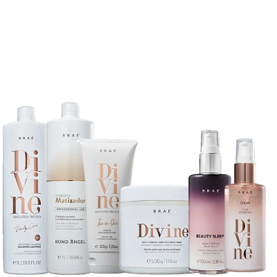 Brae Divine Shampoo 1L Mascara 500g Leave in 200g Plume 60ml e Bond Angel Shampoo 1L e Beauty Sleep 100ml