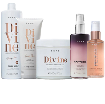 Brae Divine Shampoo 1L Mascara 500g Leave in 200g Revival Shine Oil 60ml e Beauty Sleep 100ml (DESATIVAR)