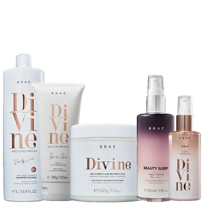 Brae Divine Shampoo 1L Mascara 500g Leave in 200g Serum Plume 60ml e Beauty Sleep 100ml