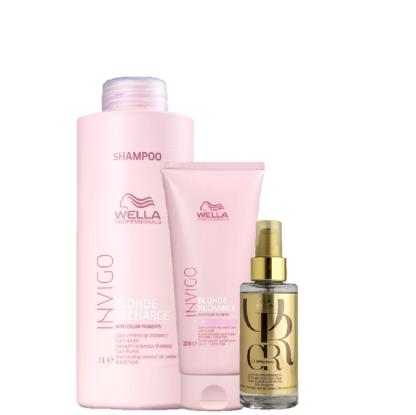 Wella Professionals Invigo Blonde Recharge Shampoo 1L Condicionador 200ml e Oil Reflections 100ml - 1