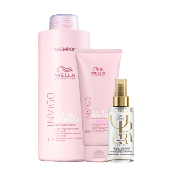 Wella Professionals Invigo Blonde Recharge Shampoo 1L Condicionador 200ml e Oil Reflections Light 100ml - 1