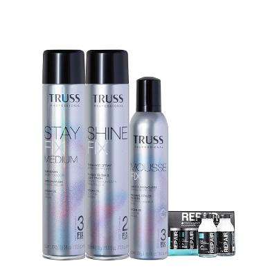 Kit Truss Shock Repair Ampolas Mousse Fix Modelador e Shine Spray de Brilho (3 produtos)